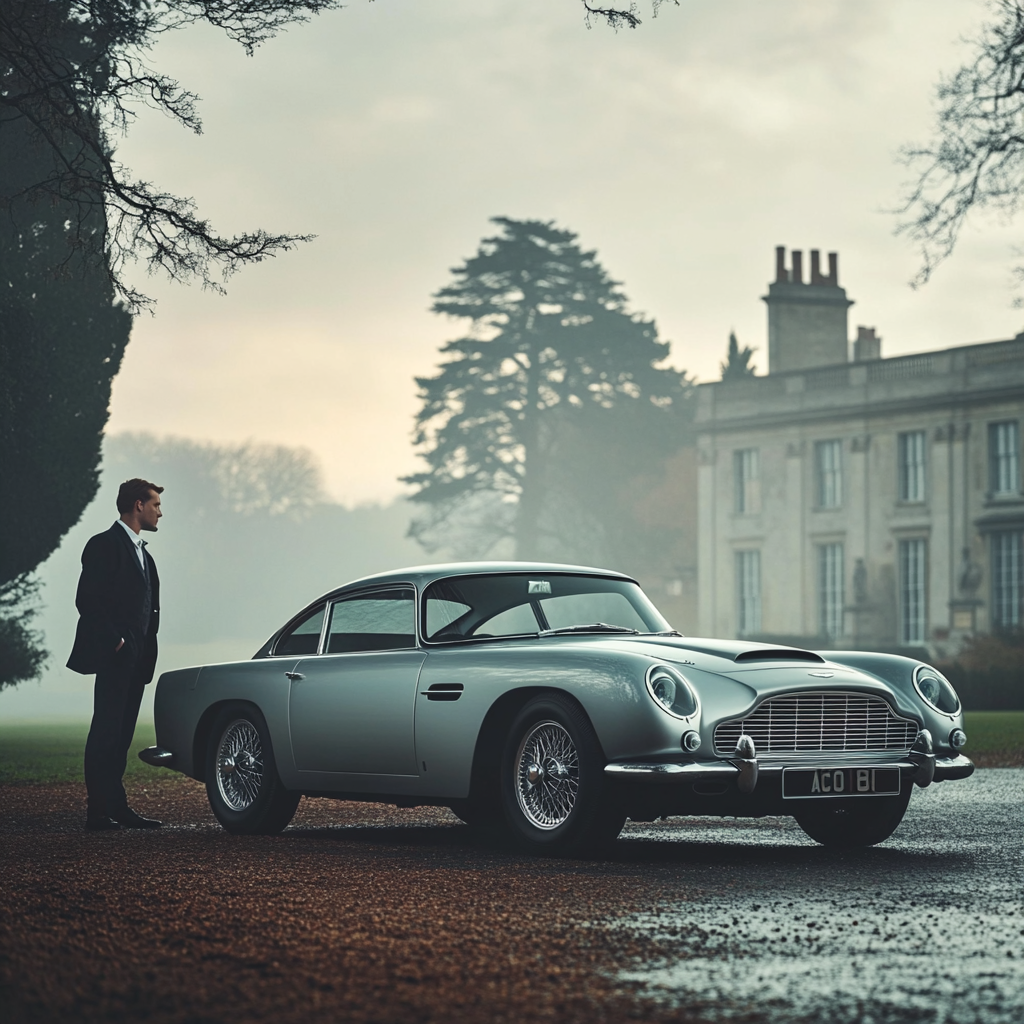 A classic Aston Martin DB5 in Silver Birch, parked outside a British estate, with wire-spoke wheels and a mysterious, secret-agent-inspired atmosphere.