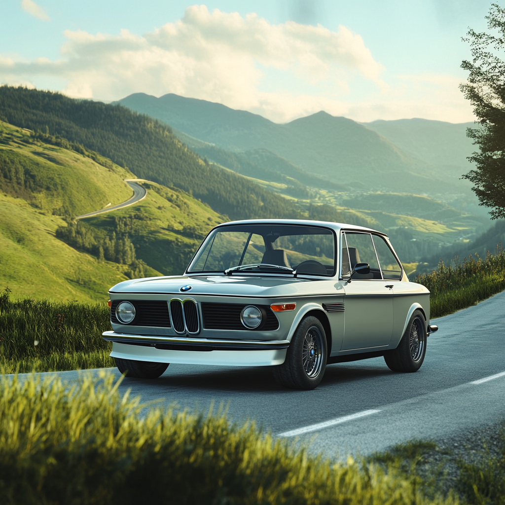 A BMW 2002 Turbo (1969) in Polaris Silver, parked on a mountain road, with its iconic round headlights and sporty stance.