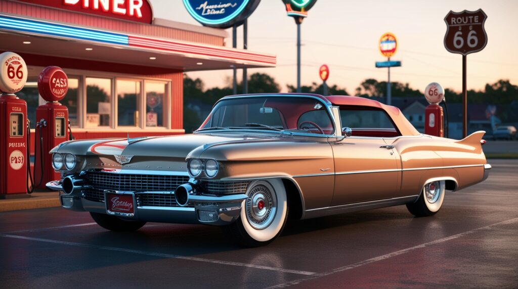 A 1959 Cadillac Eldorado convertible with tail fins, parked in front of a neon-lit diner, capturing the essence of 1950s Americana.