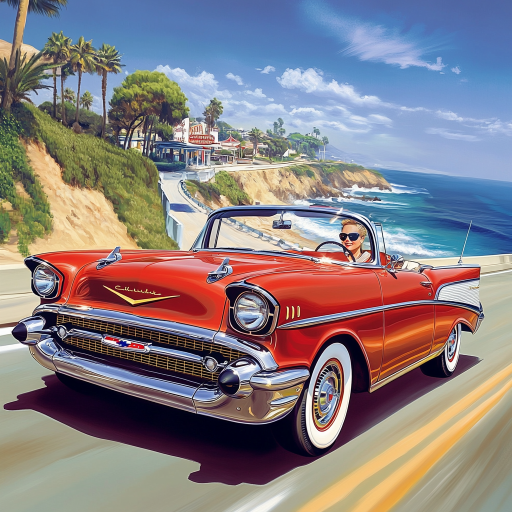 A 1957 Chevrolet Bel Air in red and white, cruising down a sunny coastal highway, showcasing its iconic tail fins and retro charm.