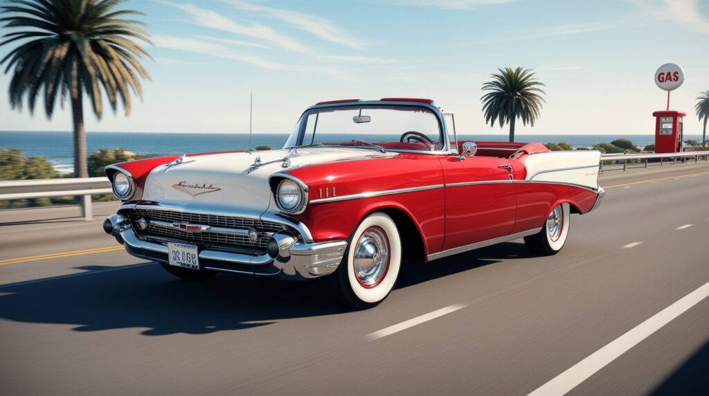 A 1957 Chevrolet Bel Air in red and white, cruising down a sunny coastal highway, showcasing its iconic tail fins and retro charm.