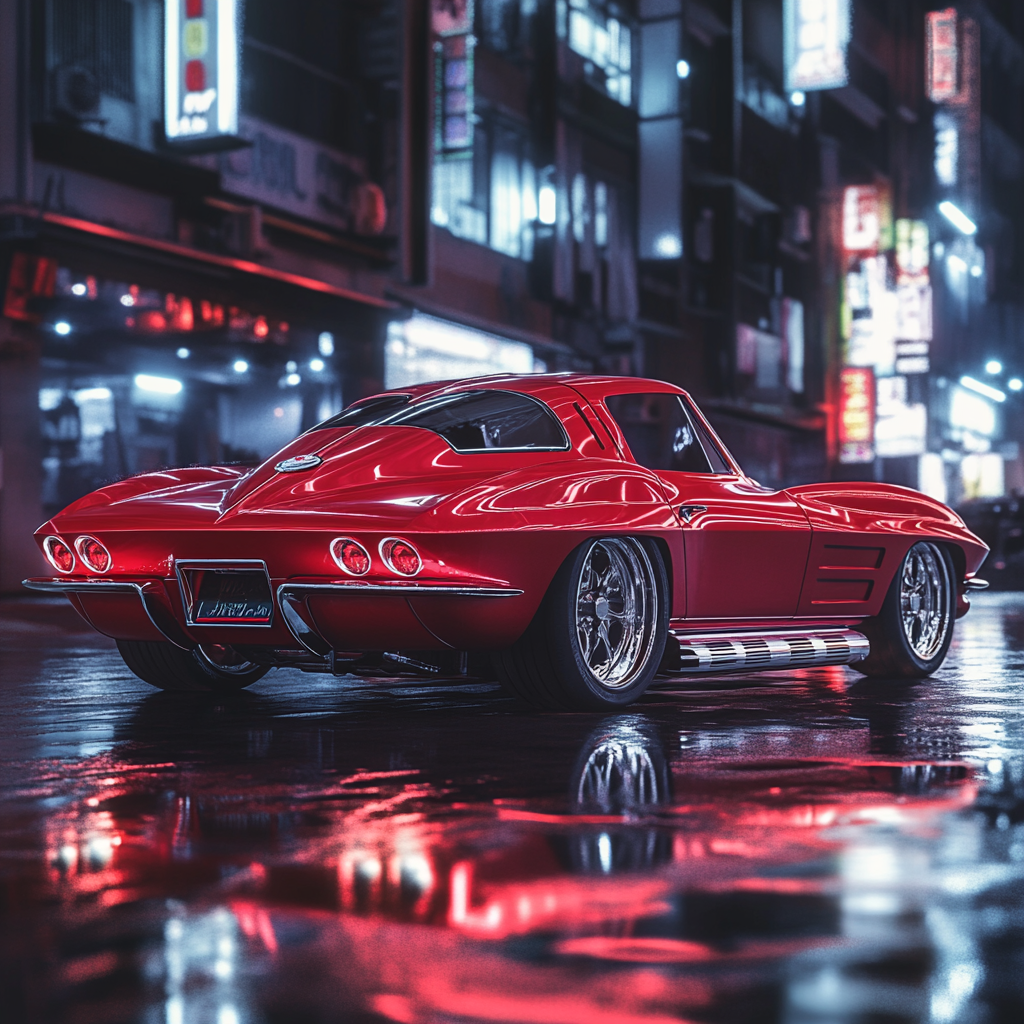 A stunning Chevrolet Corvette Stingray C2 (1963) in glossy red, parked under neon city lights, highlighting its futuristic split-window design.