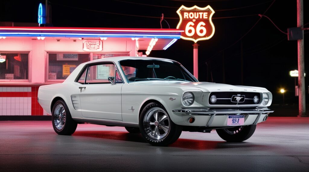 A classic Ford Mustang 1964 ½ in Wimbledon White, parked at a neon-lit American diner, showcasing its muscular lines and timeless pony car charm.