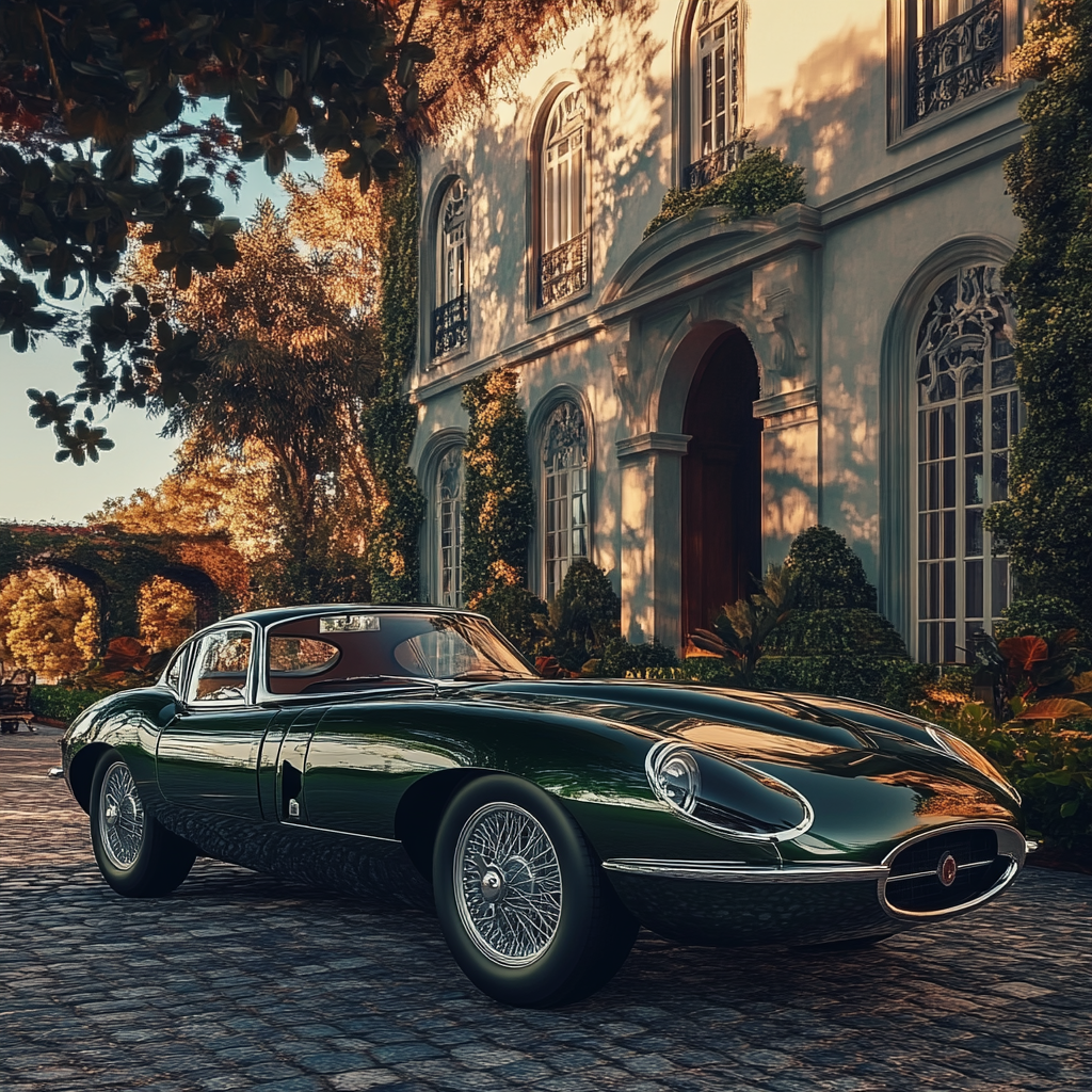 A Jaguar E-Type (1961) in British Racing Green, parked in front of a European mansion with cobblestone streets, exuding timeless beauty and luxury.