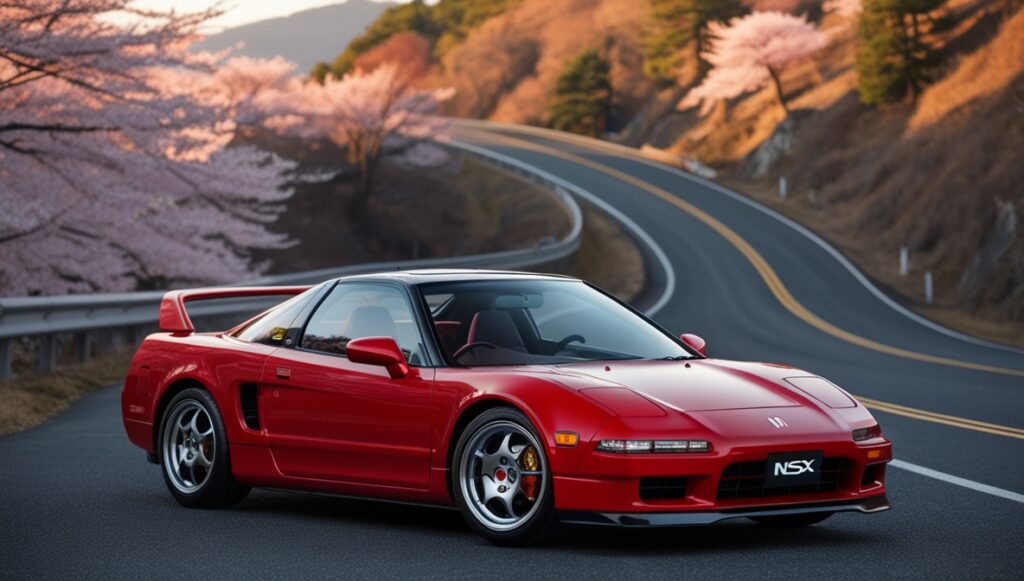 A Honda NSX (1991) in Formula Red, parked on a winding Japanese mountain road, with cherry blossom trees in the background