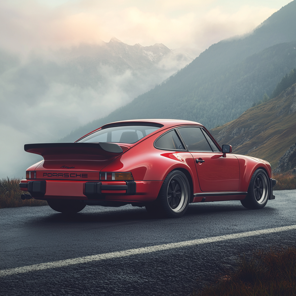 A Porsche 911 Turbo (1975) in Guards Red, parked on a foggy mountain road, showcasing its wide fenders and whale tail spoiler.