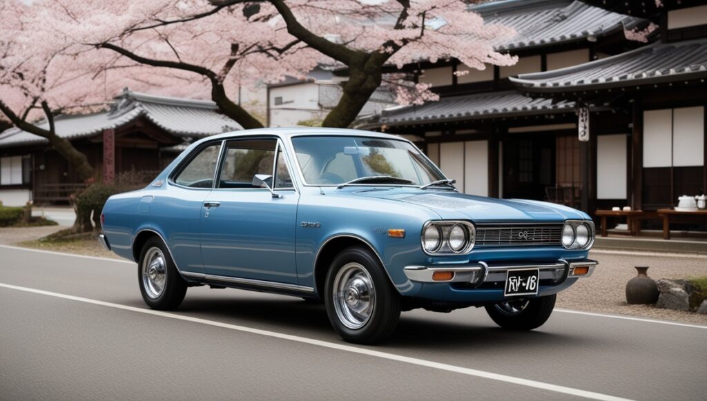 A Toyota Corolla (1966) in Sky Blue, driving through a traditional Japanese village with cherry blossoms and vintage architecture