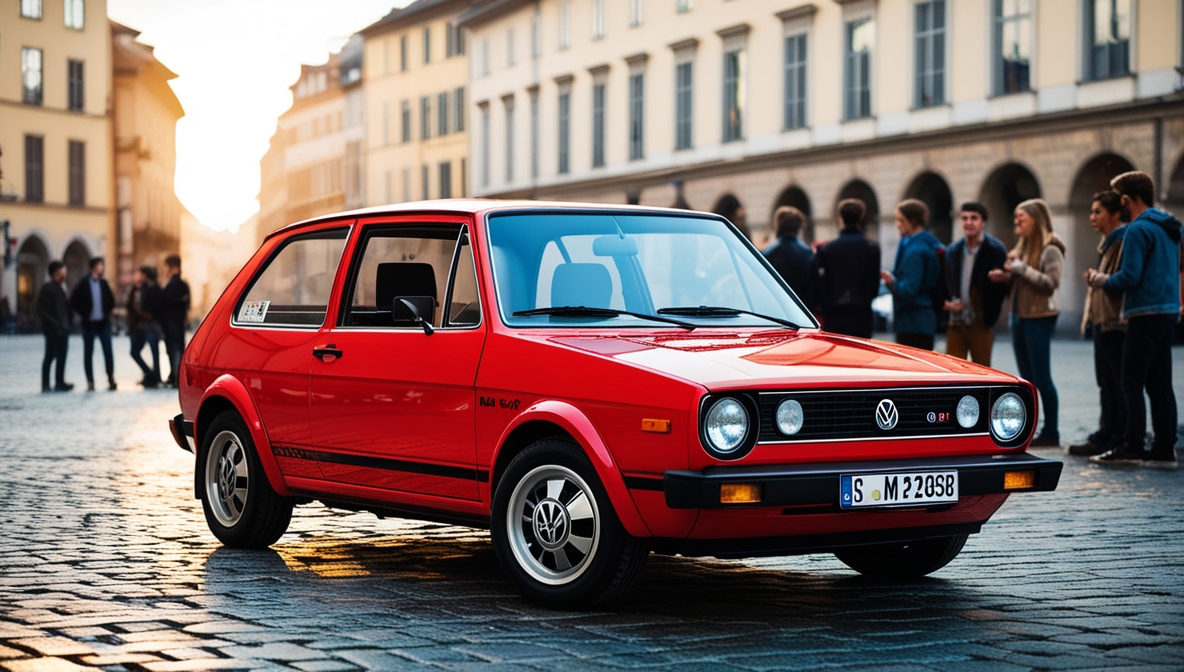 A Volkswagen Golf Mk1 GTI (1974) in Mars Red, parked in a European city square, showcasing its sporty hatchback design.