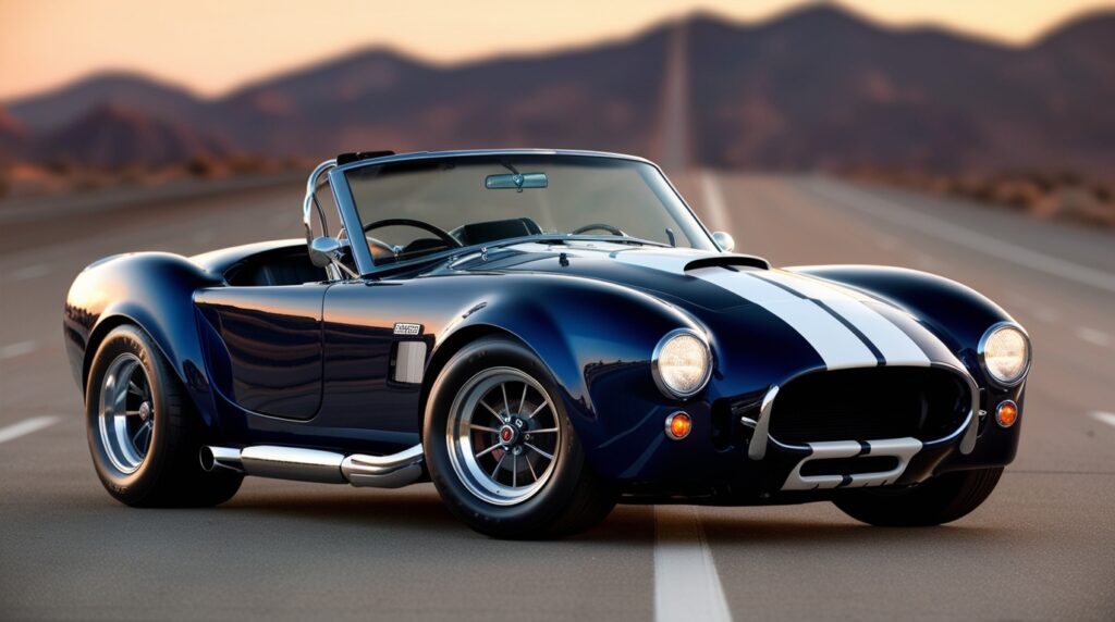 A stunning Shelby Cobra 427 (1965) in deep blue with white racing stripes, parked on a deserted highway at sunset, exuding raw power and classic charm.