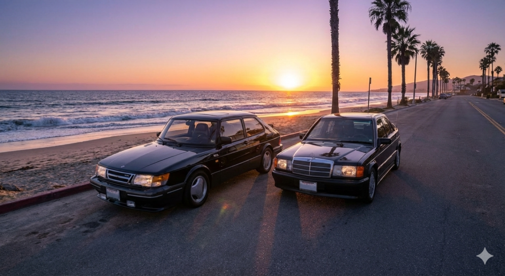 Saab 900 Turbo Airflow negro y Mercedes-Benz 190E 2.3-16 negro aparcados en una carretera de costa frente al mar durante el atardecer